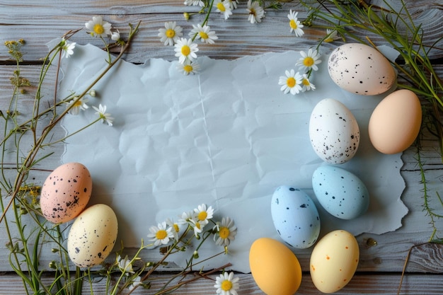 Ovos de Páscoa decorados e flores de primavera em um fundo de madeira com papel rasgado e espaço para copiar