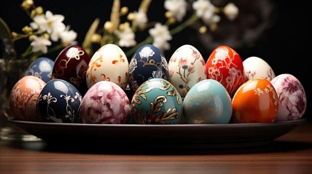 Ovos de Páscoa decorativos Prato de madeira Fundo de grama Ilustrações em HD