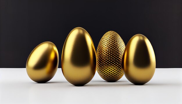 Ovos de páscoa dourados com tinta escura no fundo branco sólido