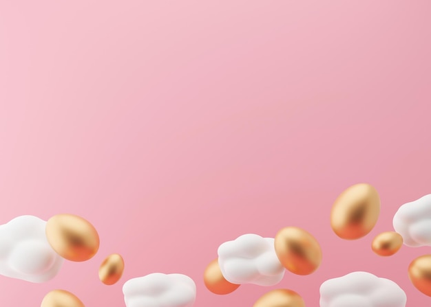Ovos de páscoa dourados e nuvens brancas no fundo rosa cenário de páscoa com espaço livre para espaço de cópia de texto modelo de design de cartão postal ilustração 3d