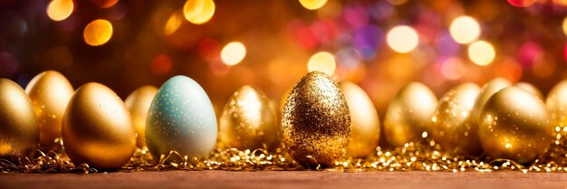 ovos de Páscoa dourados sobre um fundo brilhante foco seletivo