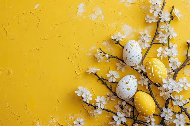 Ovos de Páscoa e flores de cerejeira em fundo amarelo