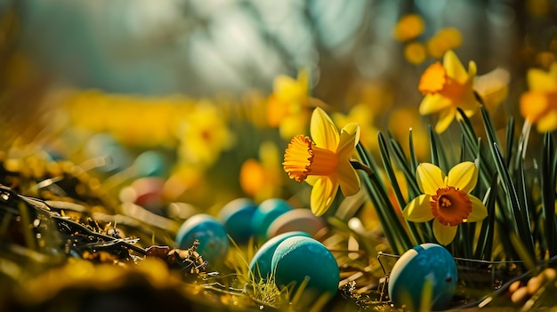 Ovos de Páscoa e flores de narcisos no prado