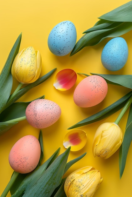 Ovos de Páscoa e flores de primavera em fundo amarelo