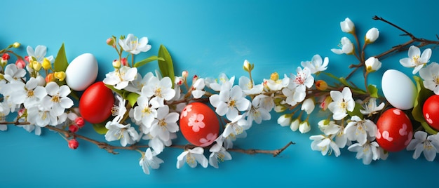 Foto ovos de páscoa e flores de primavera em fundo azul