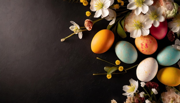 Ovos de Páscoa e flores em fundo preto ainda vida cartão de saudação de férias espaço de cópia