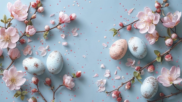 Ovos de Páscoa e flores moldura de decoração em fundo rosa cópia de espaço modelo de cartão de saudação