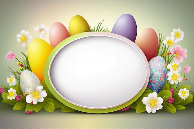 Ovos de Páscoa e flores Moldura decorativa com um cartão de saudação de espaço preto IA generativa