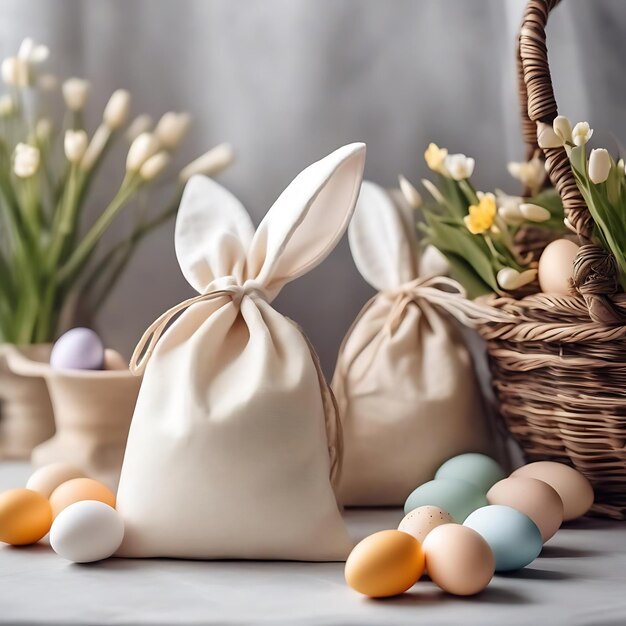 ovos de páscoa e flores são exibidos em uma mesa