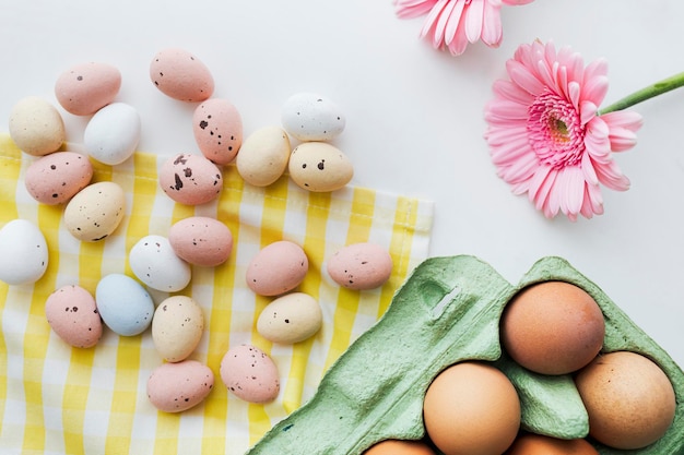 Ovos de páscoa e gérbera rosa flatlay