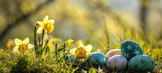 Ovos de Páscoa e narcisos à luz da manhã