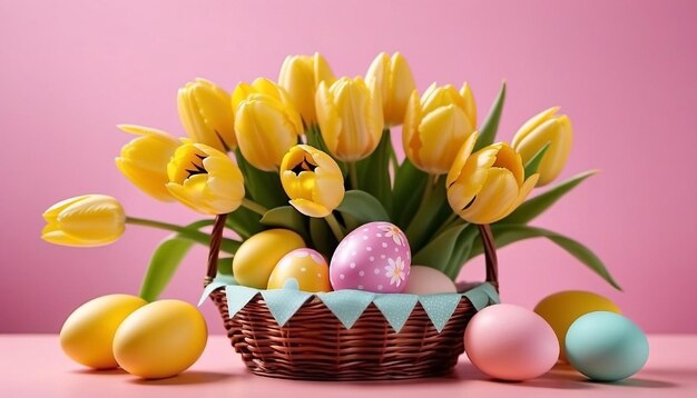 Ovos de Páscoa e tulipas em fundo rosa Template de Feliz Páscoa Banner gerado pela IA