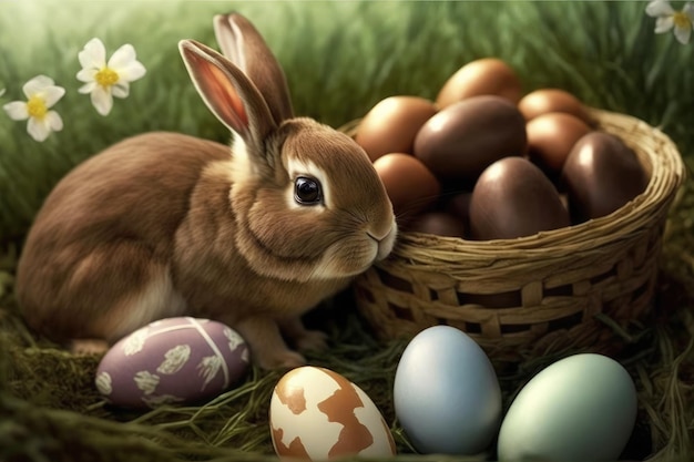 Ovos de Páscoa e um coelho com uma cesta de ovos