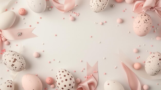 Ovos de Páscoa elegantes com fitas e confetes sobre um fundo macio