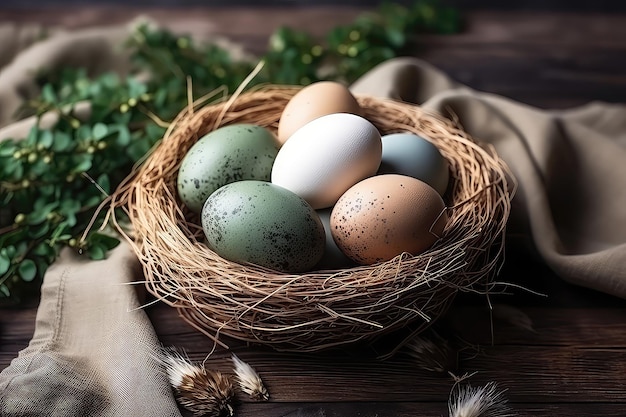 Ovos de Páscoa em cesta rústica em maquete de mesa de madeira