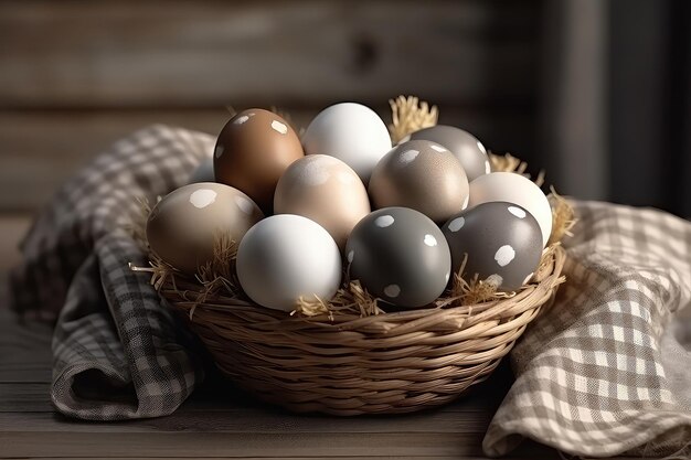 Ovos de Páscoa em cesta rústica em maquete de mesa de madeira