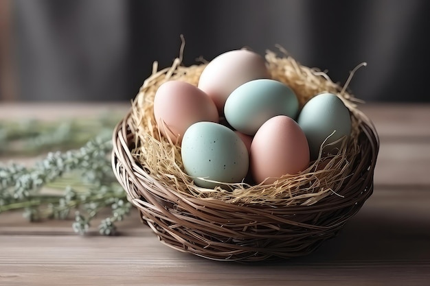 Ovos de Páscoa em cesta rústica em maquete de mesa de madeira