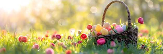 Ovos de Páscoa em cestas na grama com flores de ranúnculo no jardim