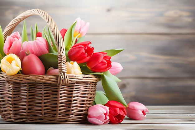 Ovos de Páscoa em cesto com tulipas e moldura em branco na mesa