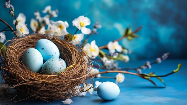 Ovos de Páscoa em cores azuis em um ninho O lugar para o texto O conceito de decoração elegante para Ea