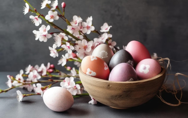 Foto ovos de páscoa em ninho e flores de cerejeira ovos de galinha e codorniz ia generativa