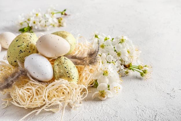 Ovos de Páscoa em tons pastel no ninho e galhos em flor na primavera