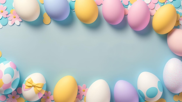 Ovos de Páscoa em um fundo azul com uma flor rosa e uma moldura de ovos de Páscoa