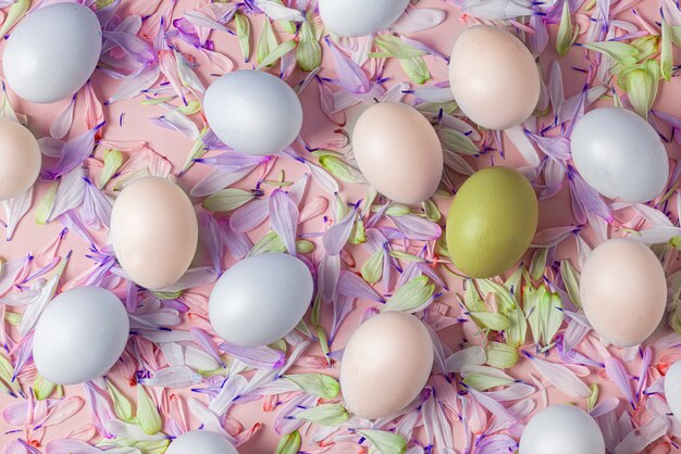 Ovos de páscoa em um fundo de primavera, rosa com pétalas de flores, tons suaves, cores amarelas, brancas, quentes, azuis e roxas