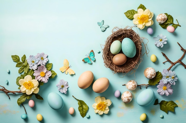 Ovos de Páscoa em um ninho com flores e borboletas