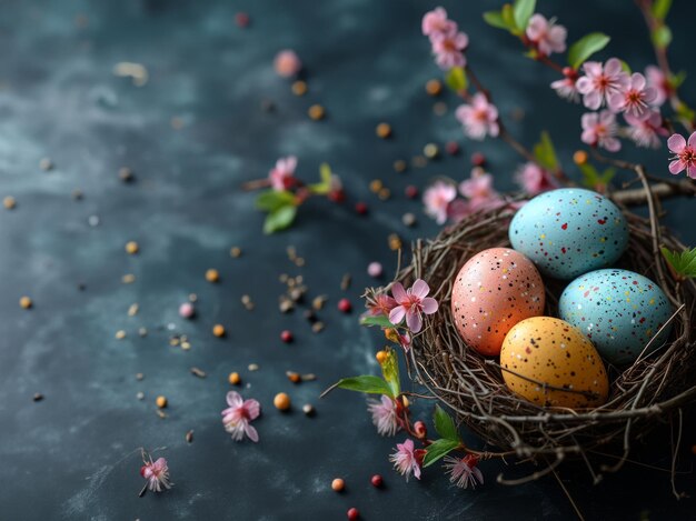 Foto ovos de páscoa em um ninho com flores em fundo azul com espaço de cópia plana