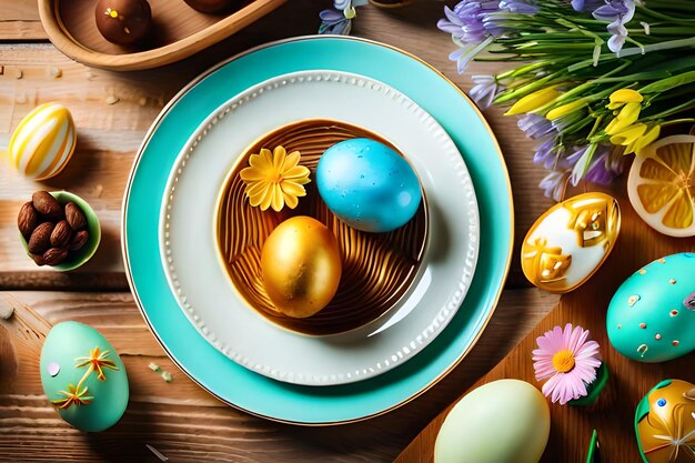 Ovos de Páscoa em uma cesta com flores na mesa