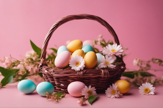 Ovos de Páscoa em uma cesta e flores