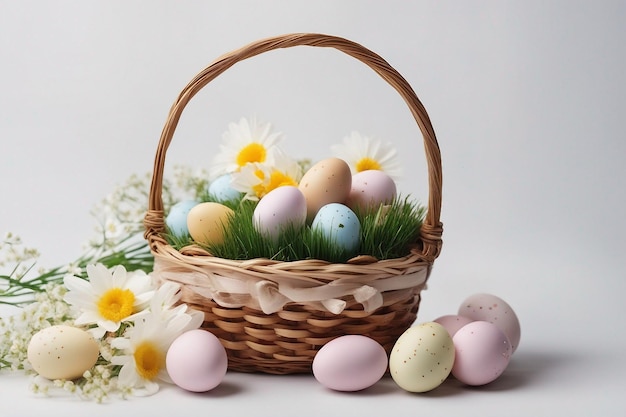 Ovos de Páscoa em uma cesta e flores