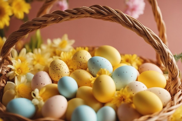 Ovos de Páscoa em uma cesta e flores