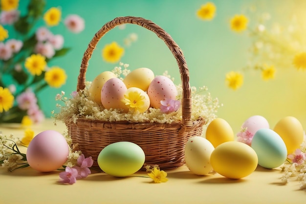 Ovos de Páscoa em uma cesta e flores