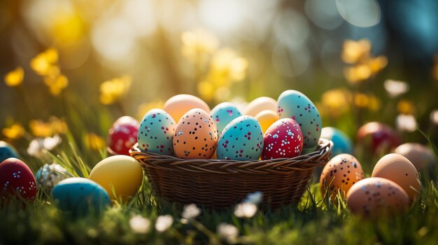 Ovos de Páscoa em uma cesta em grama verde Temporada de primavera caça tradicional de ovos ovos coloridos decorados em uma cesta de vime