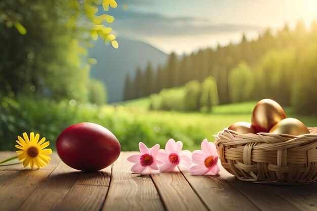 ovos de páscoa em uma mesa de madeira com uma cesta de flores e uma cesta de Flores.