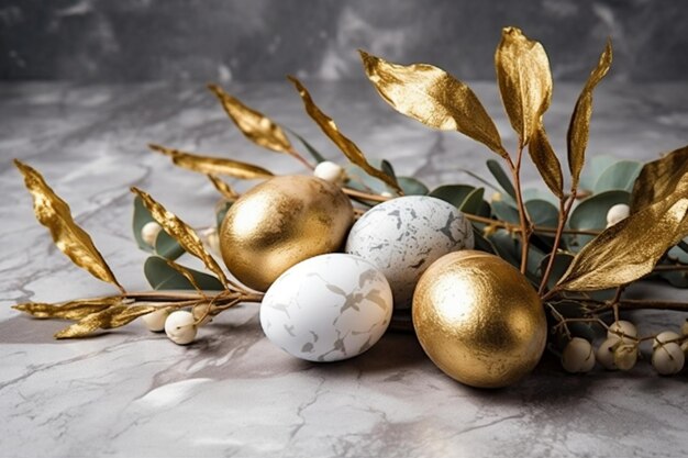 Ovos de Páscoa em uma mesa de mármore com folhas e enfeites de ouro