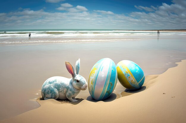 Ovos de Páscoa em uma praia com um coelho azul e amarelo e dois ovos de Páscoa.