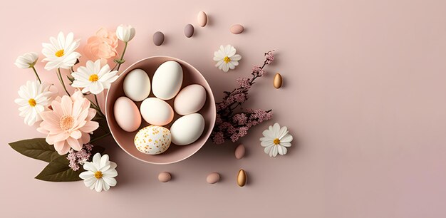 Ovos de Páscoa em uma tigela em um fundo rosa com flores e uma tigela rosa com ovos brancos e amarelos.