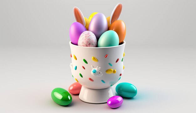Ovos de Páscoa em uma xícara com ovos coloridos