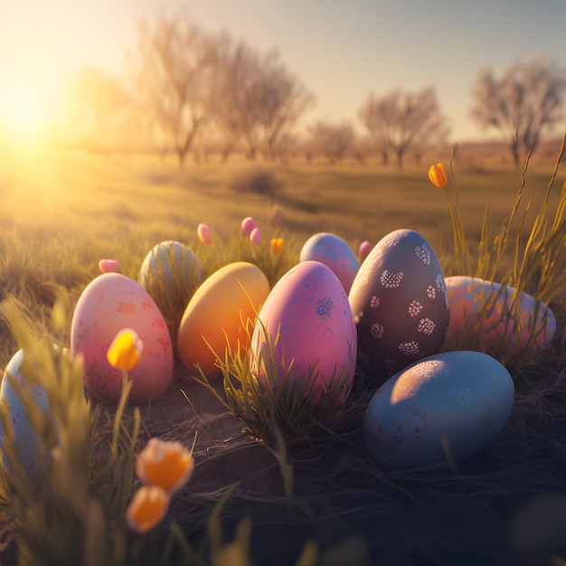 Ovos de Páscoa espalhados no prado verde ao nascer do sol arte gerada pela rede neural