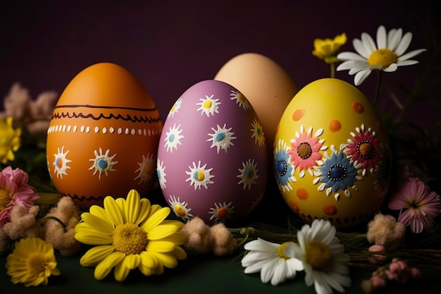 Ovos de páscoa felizes com decoração de flores Generative Ai