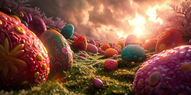 Ovos de Páscoa fundo colorido da primavera