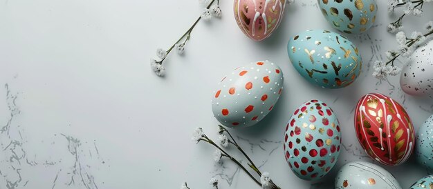 Ovos de Páscoa lindamente pintados exibidos em um fundo branco da mesa de cima