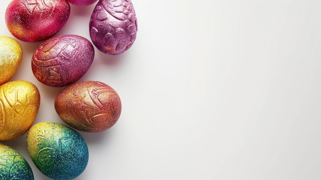 Ovos de Páscoa multicoloridos brilhantes em um espaço de cópia de fundo branco