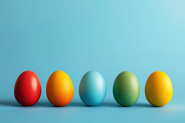 Ovos de Páscoa multicoloridos em fila em um espaço de cópia de fundo azul