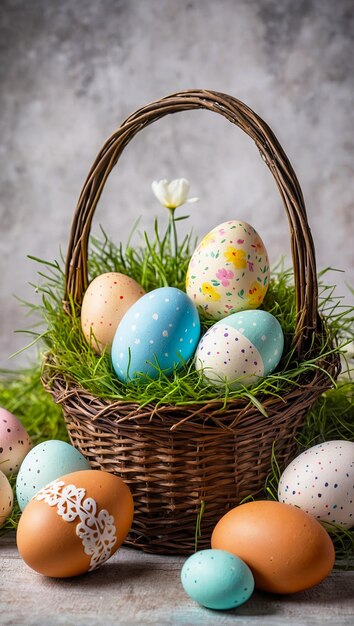 Ovos de Páscoa multicoloridos na mesa com flores de primavera Bandeira de Páscua com um espaço para texto fundo de Pásqua rústico gerado pela IA