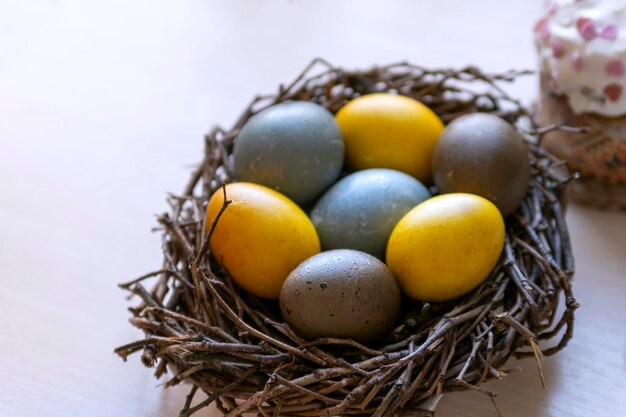 Ovos de páscoa multicoloridos no ninho de pássaros e bolo de páscoa na mesa Fechar