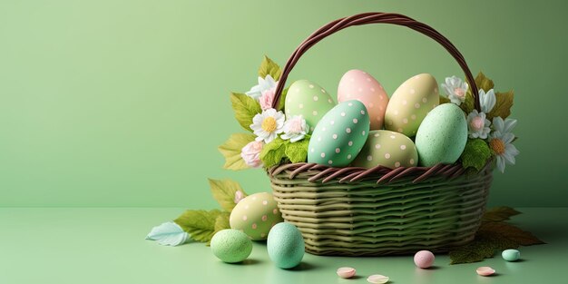 Ovos de Páscoa na cesta isolada em fundo verde com espaço de cópia para as férias de primavera